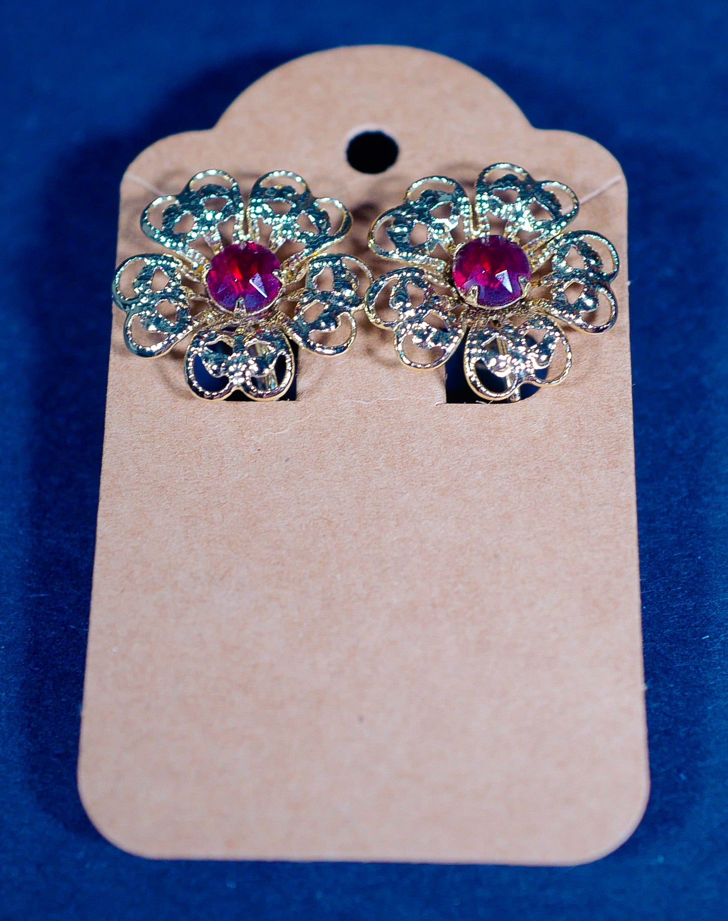 Vintage Screw-Back Faux Garnet Metal Blossom Earrings