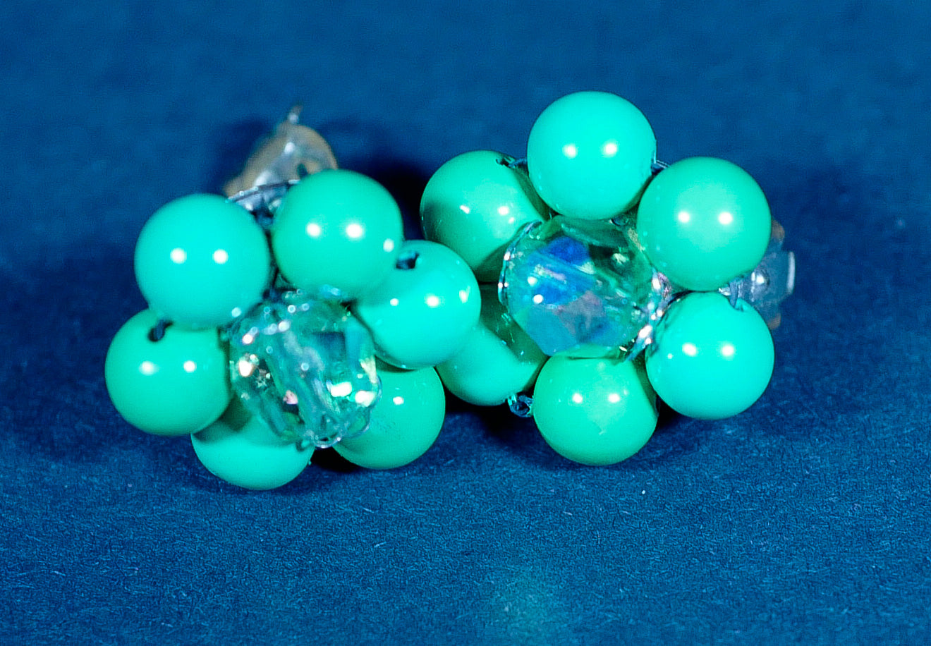 Vintage Beaded Blossom Clip-On Earrings - Teal