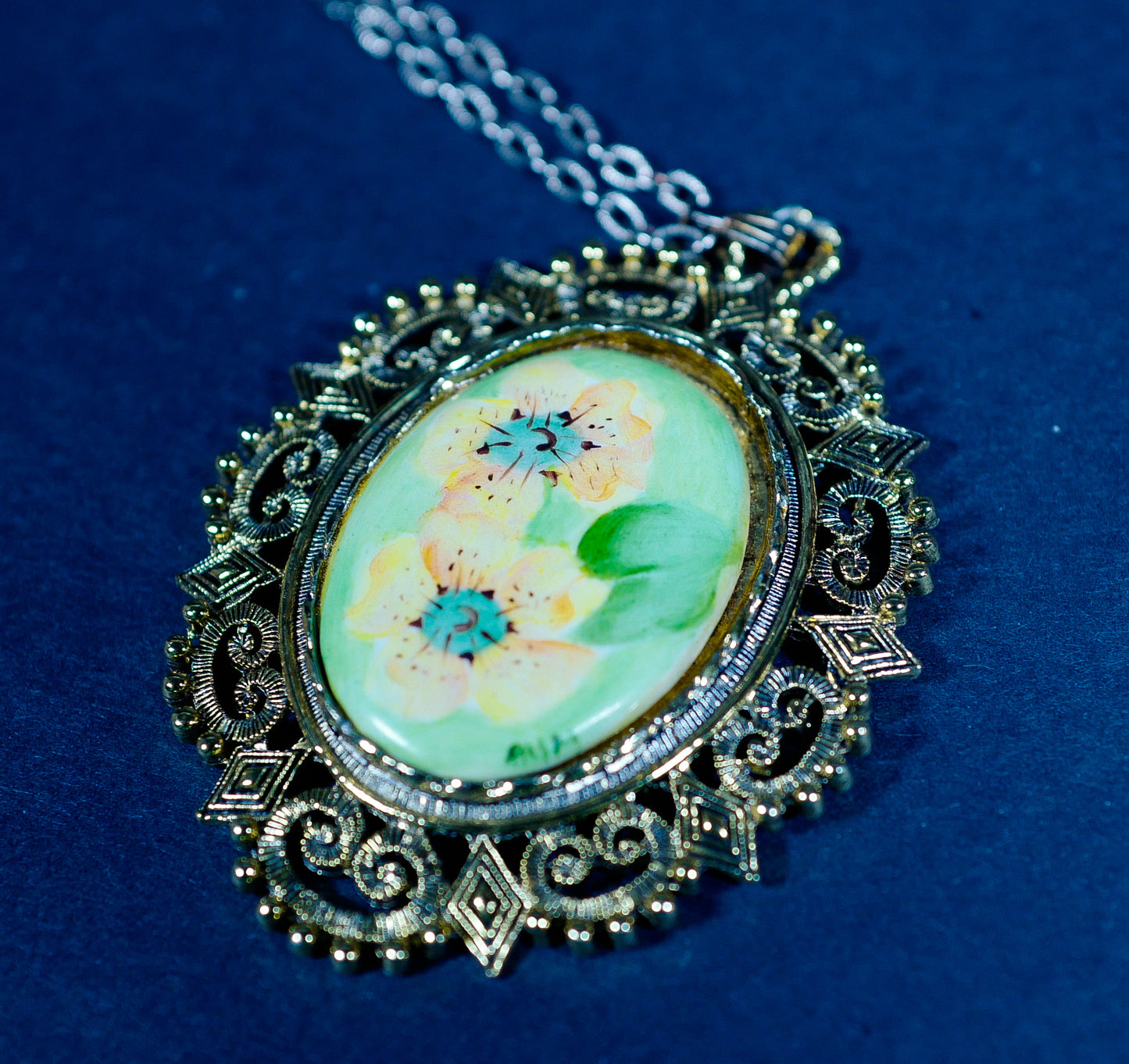 Vintage Hand-Painted Portrait Pendant Necklace